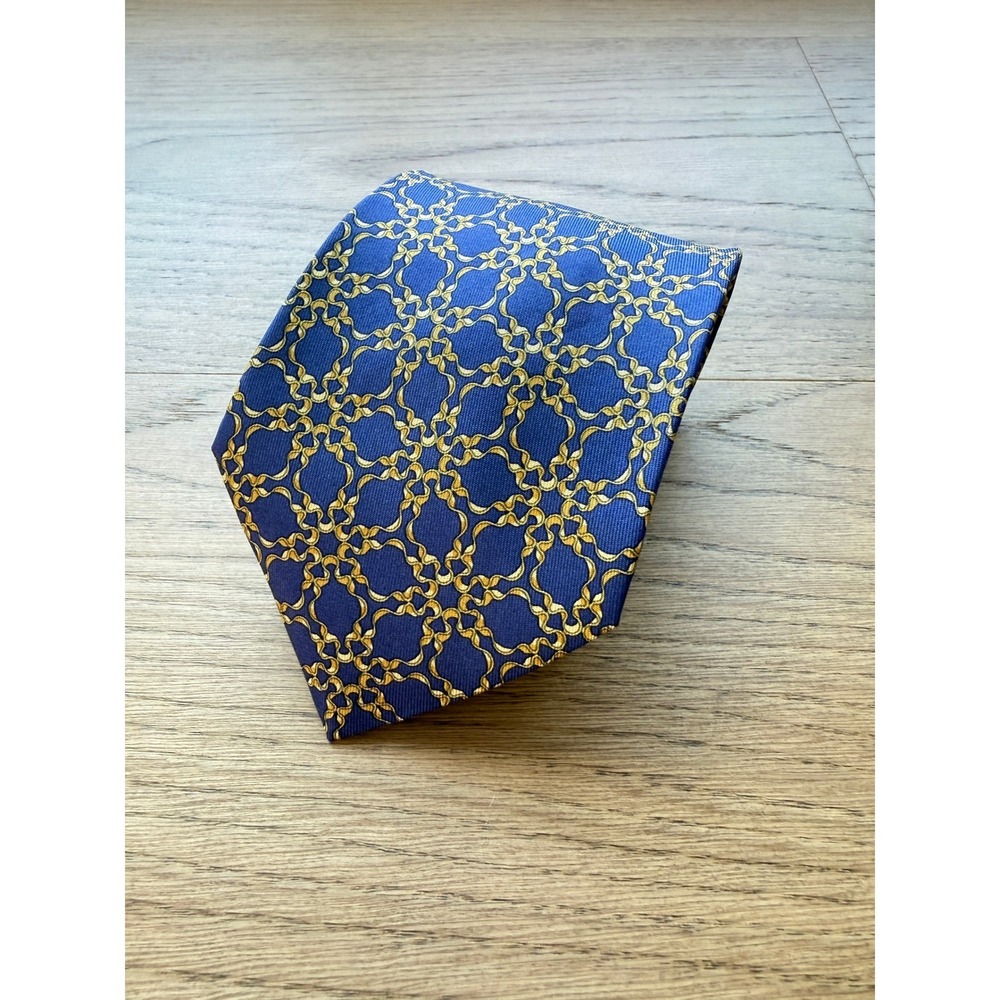 Hermes Paris Silk Tie Blue Gold Interlocking Chain Link Pattern 7726 OA France